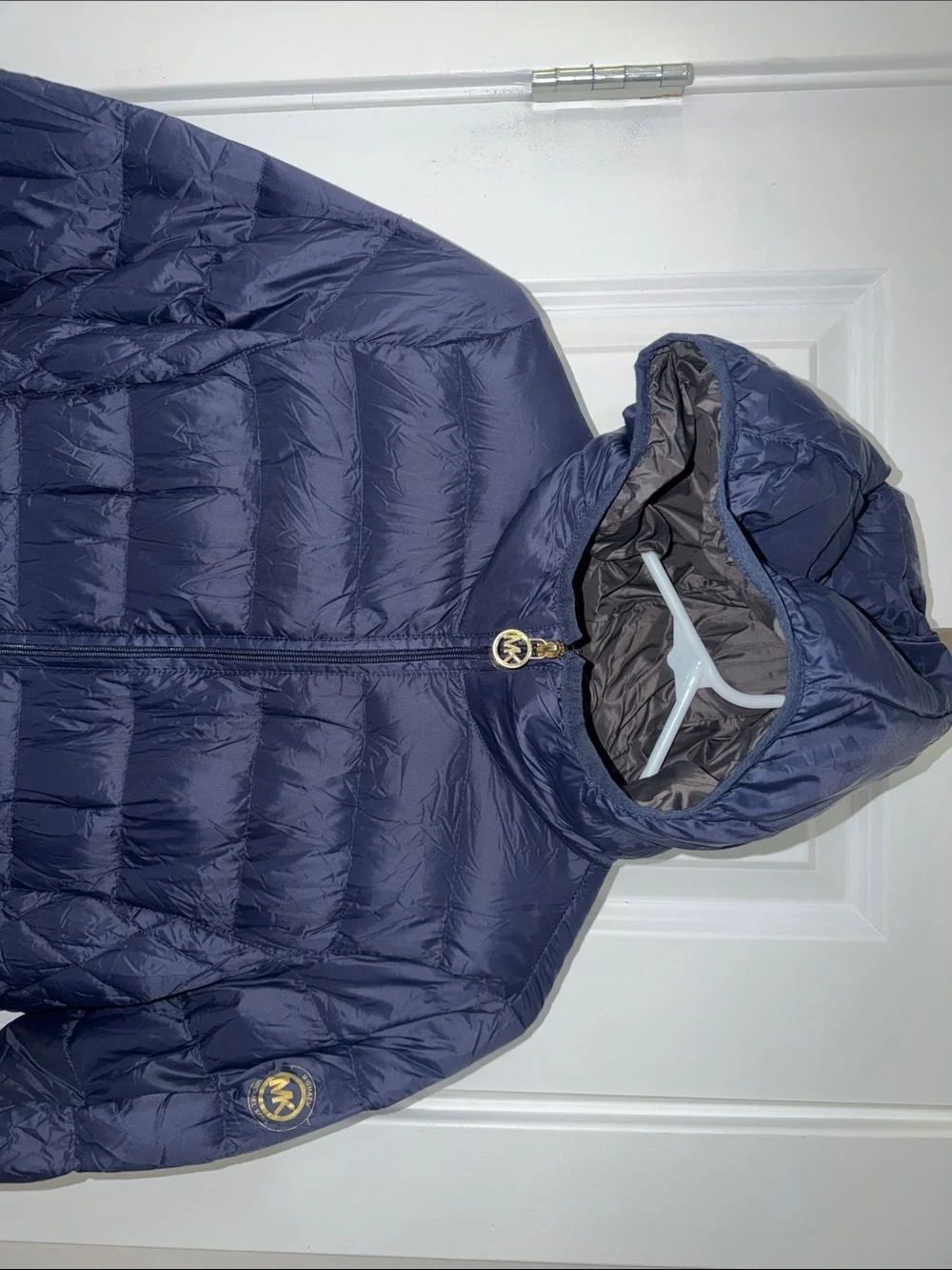Michael Kors Packable Navy Quilted Hooded Puffer Jacket with Gold Accents